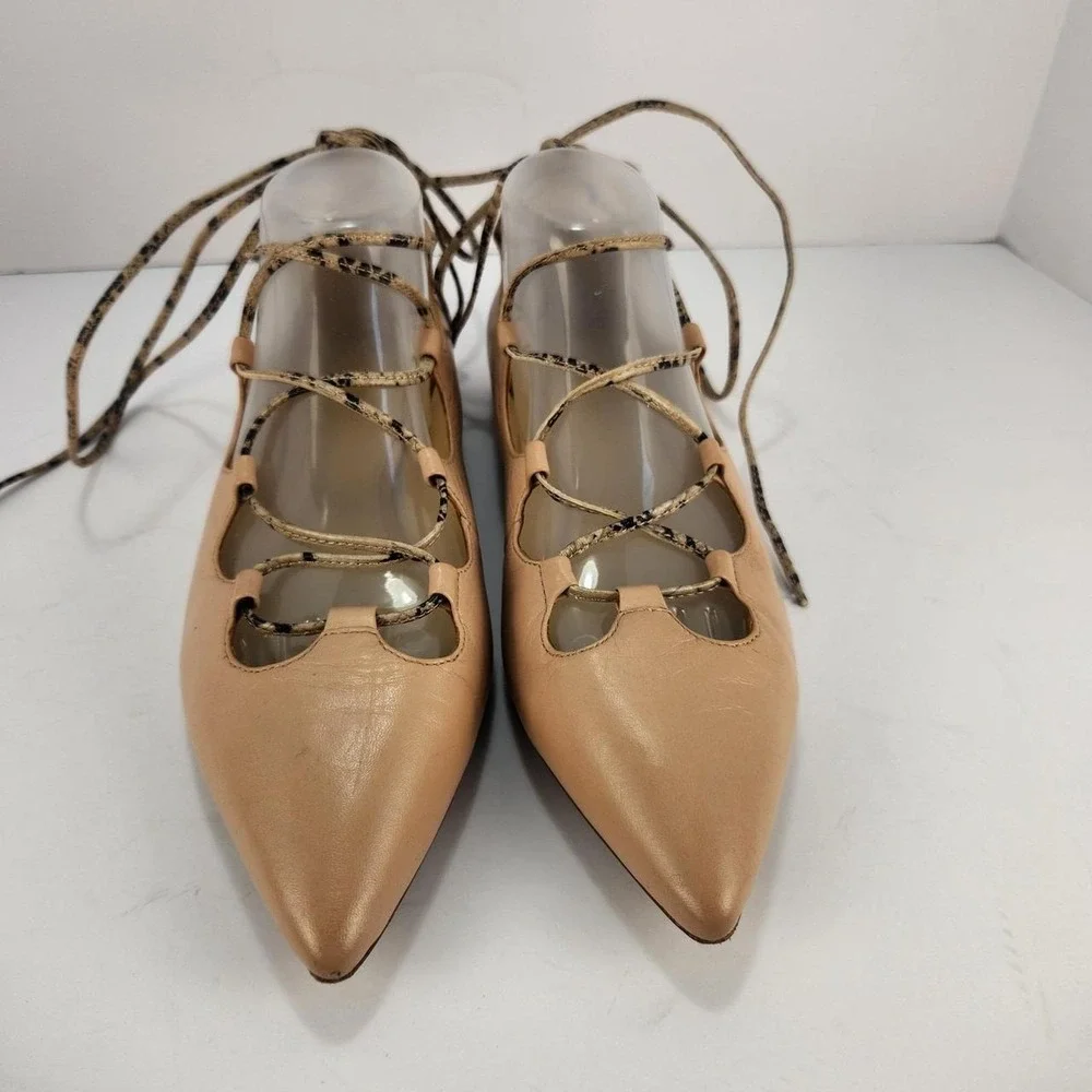 Coach Women's 8.5B Tan Leather Pointed Toe Lace-Up Ballet Flats Ankle Wrap
